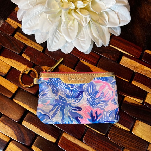 Lilly Pulitzer ID Case Coin Purse Keychain Wallet Blue Pink Gold Fabric - Picture 1 of 7